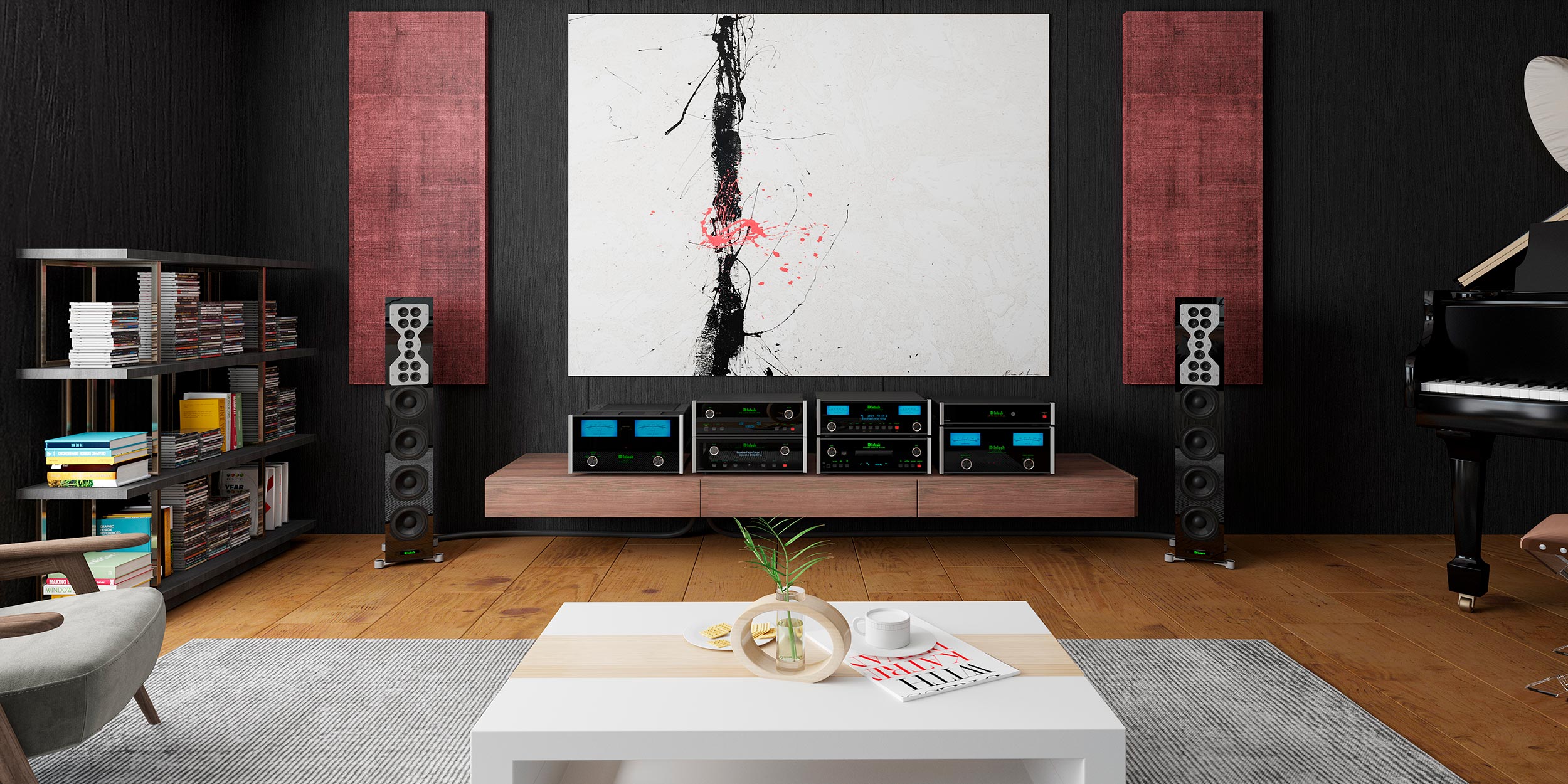 Stylish music room with McIntosh speakers and a piano.