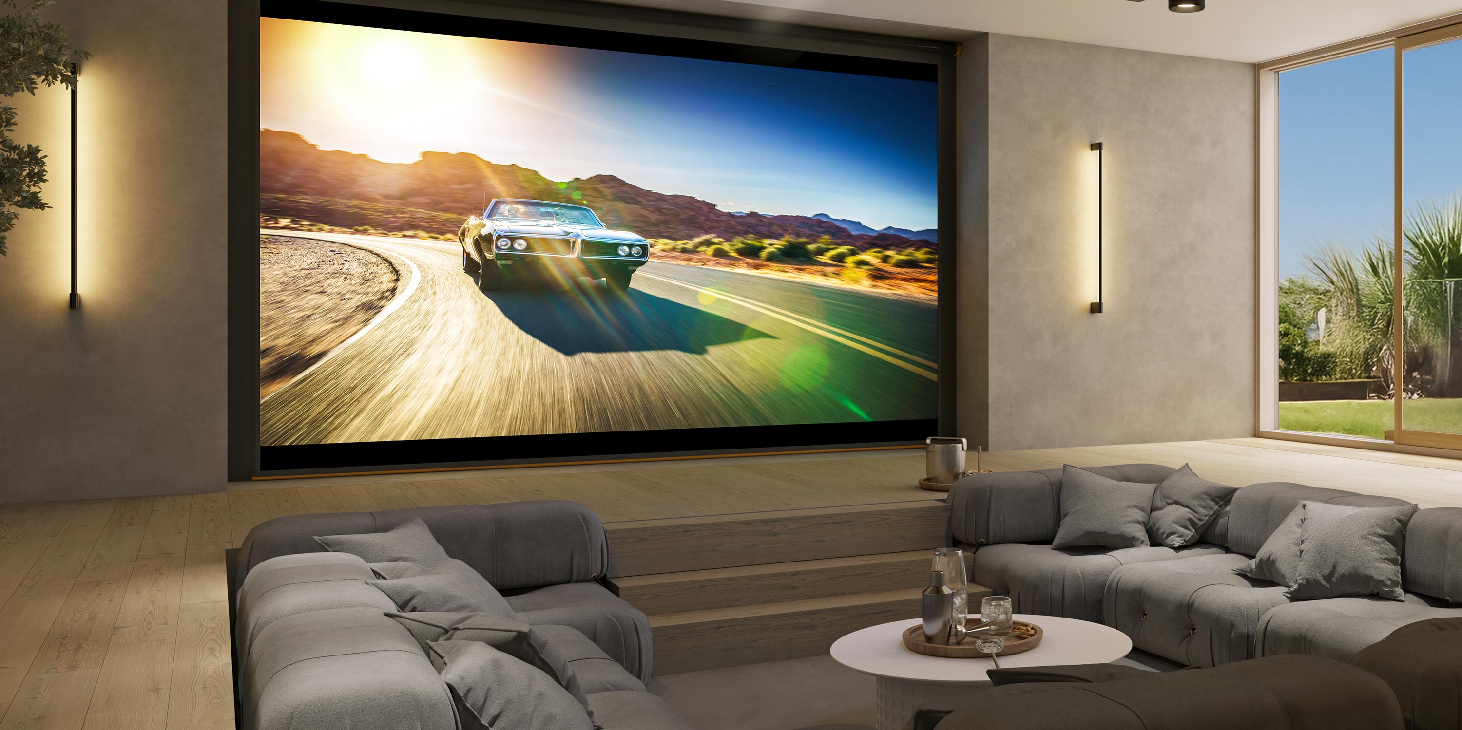 Home theater with a large screen and cozy seating.