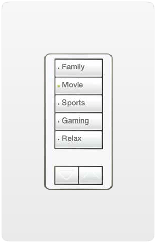 Lutron keypad with buttons labeled for different activities: Family, Movie, Sports, Gaming, Relax.