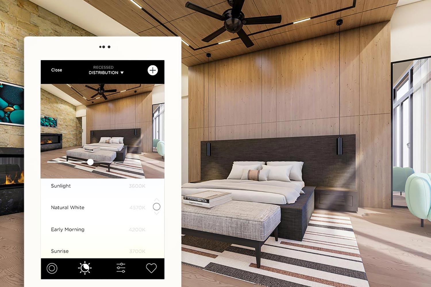Tablet interface displaying smart home lighting controls in a bedroom