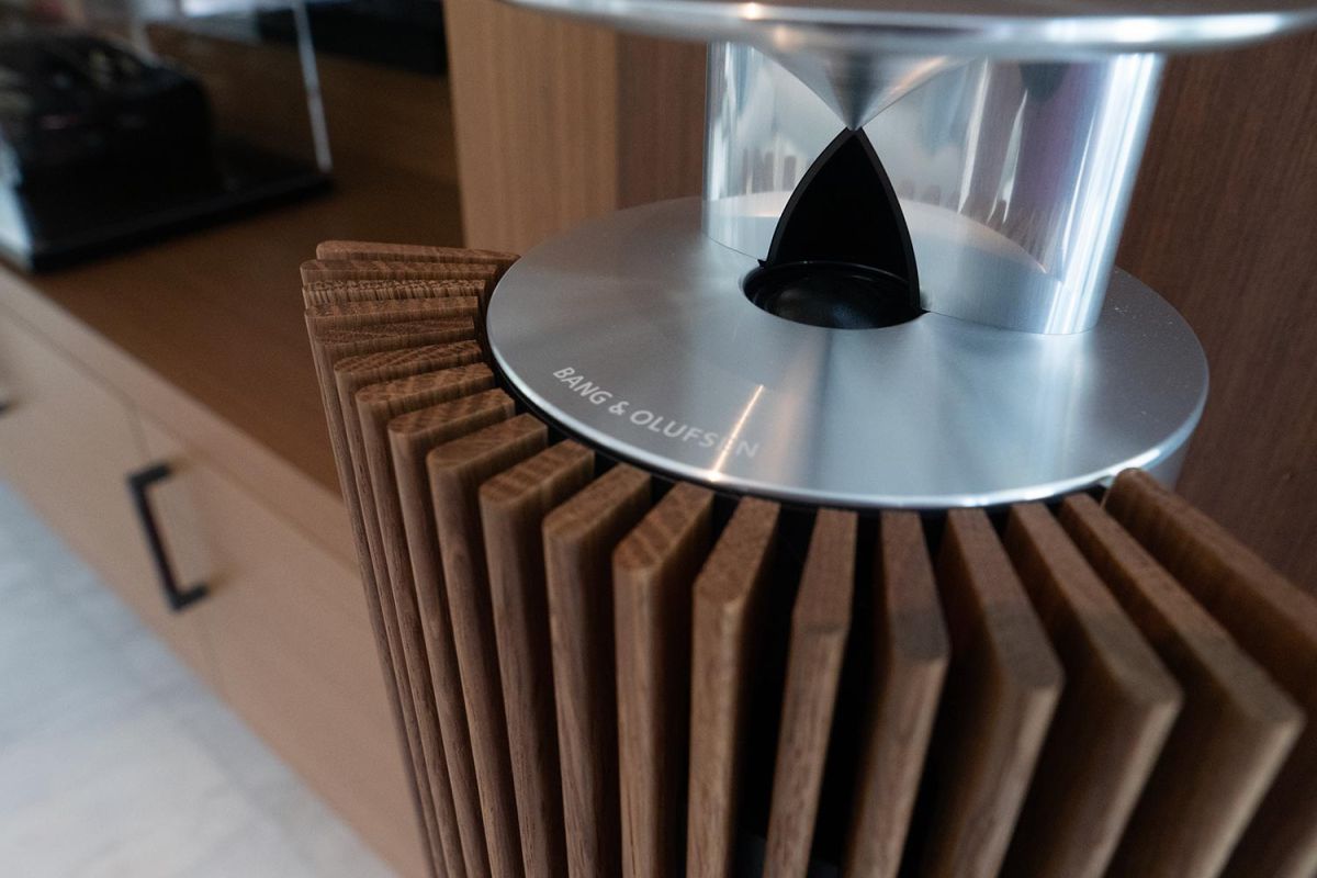 Close-up of high-end speaker with wood and metal design details