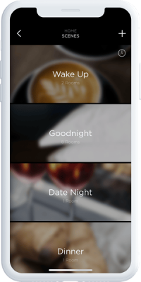 Savant brand mobile interface showing various home scenes like Wake Up, Goodnight, Date Night, and Dinner.