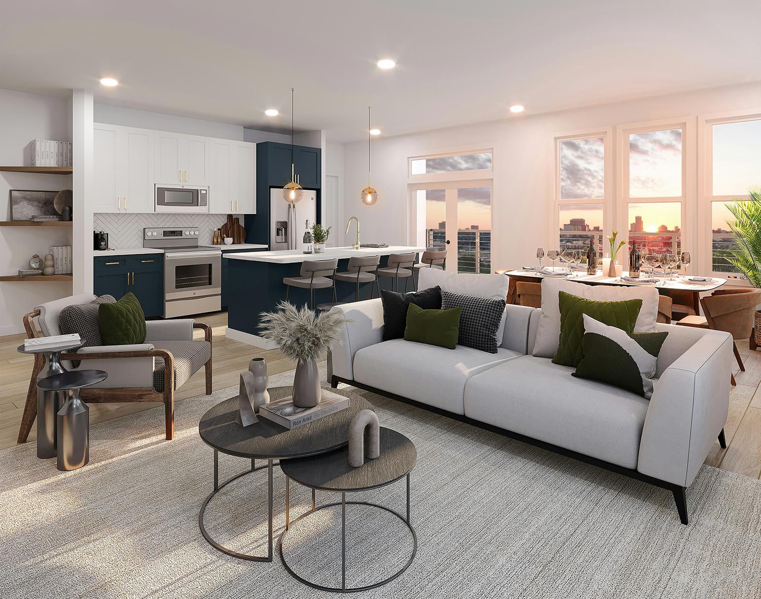 Open-concept living space with modern furnishings.