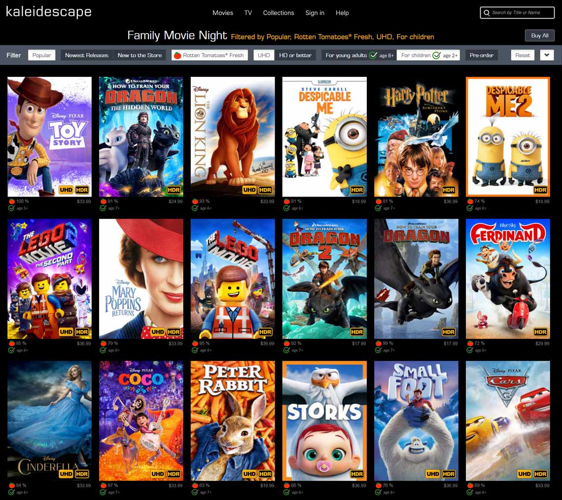 Kaleidescape different family movies section