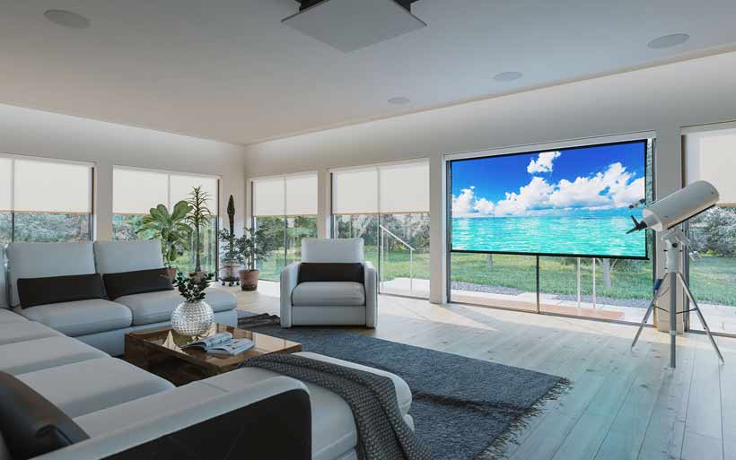 projector in the living room with all around windows